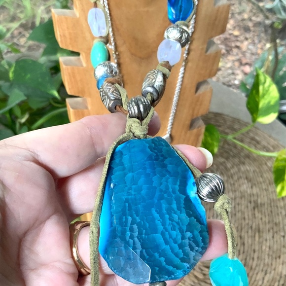 GENUINE STONE PENDANT BOHO CHIC LEATHER BEADED NECKLACE - NWOT - Picture 8 of 9